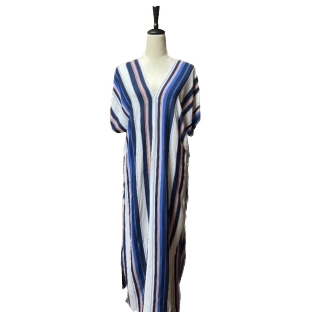 Vertical Striped Kaftan Long Dress with Side Slits